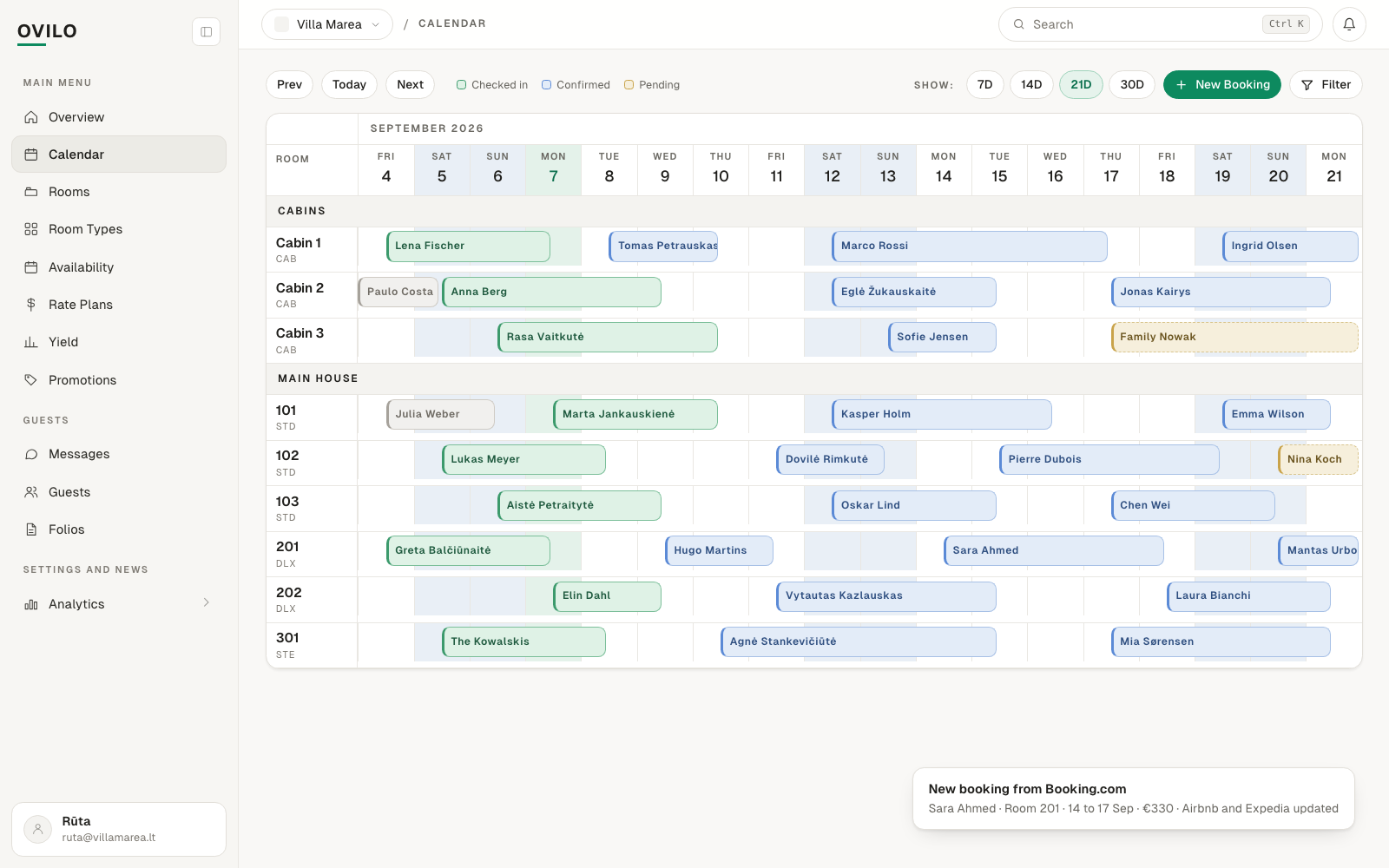 Ovilo reservation calendar with bookings from Booking.com, Airbnb and direct guests